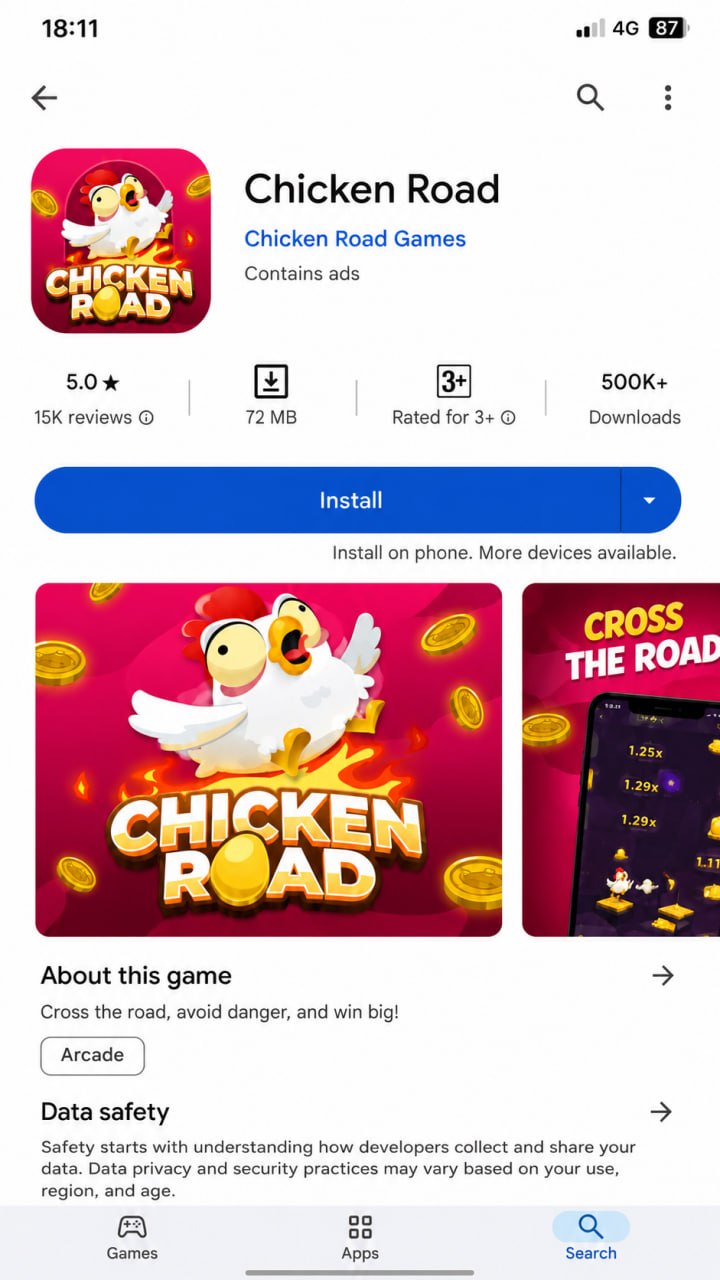 Chicken Road on Google Play — 5.0 stars, 500K+ downloads